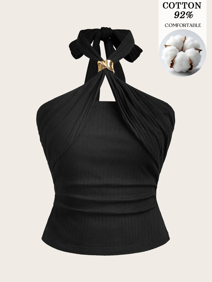 Travachic Women's 92% Cotton Summer Casual Sexy Solid Color Backless Halter Top Night Out Date Night Black - Black - View 1