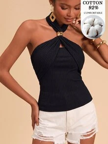 Travachic Women's 92% Cotton Summer Casual Sexy Solid Color Backless Halter Top Night Out Date Night Black - Black - View 3