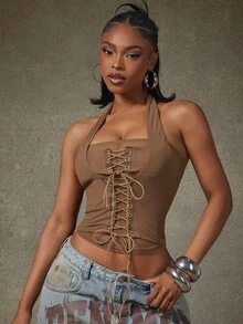 Denimoi Transparentes Mesh-Haltertop mit Schnürung, sexy Top, GNO Clubwear, Konzert-Fashion-Top, Clubbing - Braun - Übersicht 3