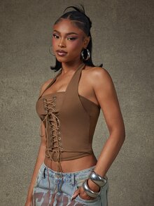 Denimoi Transparentes Mesh-Haltertop mit Schnürung, sexy Top, GNO Clubwear, Konzert-Fashion-Top, Clubbing - Braun - Übersicht 5