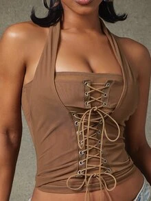 Denimoi Transparentes Mesh-Haltertop mit Schnürung, sexy Top, GNO Clubwear, Konzert-Fashion-Top, Clubbing - Braun - Übersicht 6