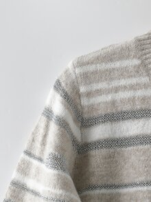 SHEIN LUNE 女款休閒法式拼色條紋毛衣，秋冬早午餐穿搭，粉色與白色條紋 - 彩色 - 查看 5