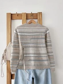 SHEIN LUNE 女款休閒法式拼色條紋毛衣，秋冬早午餐穿搭，粉色與白色條紋 - 彩色 - 查看 2