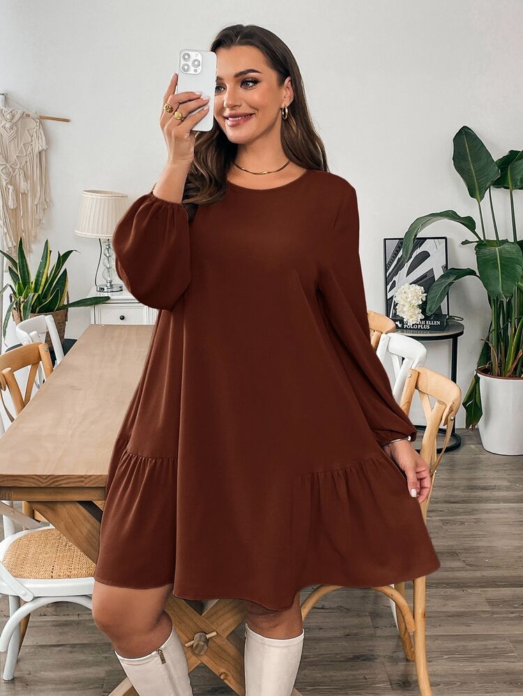 SHEIN Essnce Plus Size Women's Brown, Autumn, Smart Casual, Everyday Loose Long-Sleeved Dress, Fall Short Coffee Office Wear, Work Homecoming, Teacher Dress - Rust Brown - View 4