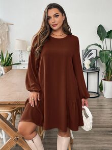 SHEIN Essnce 大尺碼女款棕色秋季休閒正裝日常寬鬆長袖短洋裝，咖啡色秋季辦公通勤職場教師洋裝 - 鏽棕色 - 查看 5