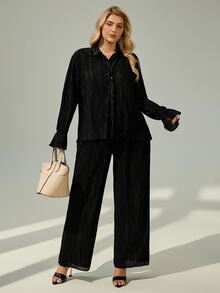 Shapeblank Plus Flounce Sleeve Shirt & Wide Leg Pants Fall - Black - View 9
