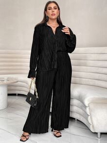 Shapeblank Plus Flounce Sleeve Shirt & Wide Leg Pants Fall - Black - View 6