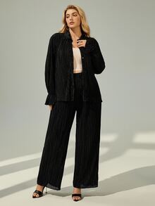 Shapeblank Plus Flounce Sleeve Shirt & Wide Leg Pants Fall - Black - View 3