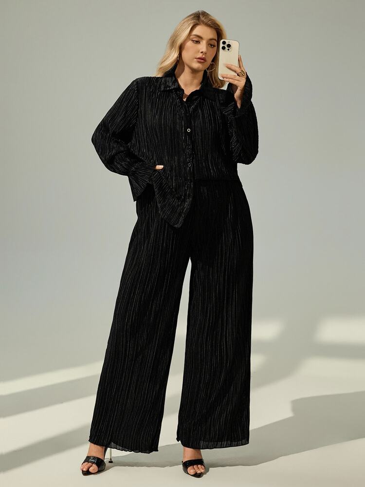 Shapeblank Talla grande de manga con volante Camisa & Pantalones de pierna ancha - Negro - Añade 3
