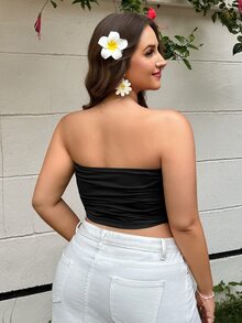 SHEIN EZwear 女性加大尺寸褶皺純色胸圍上衣 - 黑色 - 查看 3