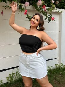 SHEIN EZwear 女性加大尺寸褶皺純色胸圍上衣 - 黑色 - 查看 6