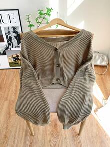 SHEIN EZwear 大尺碼女款休閒純色燈籠袖開襟衫，秋冬款 - 駝色 - 查看 7