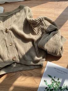 SHEIN EZwear 大尺碼女款休閒純色燈籠袖開襟衫，秋冬款 - 駝色 - 查看 4