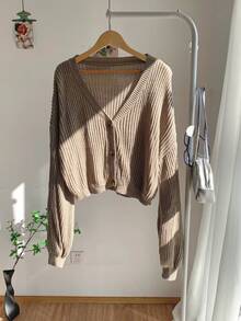 SHEIN EZwear 大尺碼女款休閒純色燈籠袖開襟衫，秋冬款 - 駝色 - 查看 6