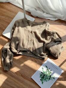 SHEIN EZwear 大尺碼女款休閒純色燈籠袖開襟衫，秋冬款 - 駝色 - 查看 5