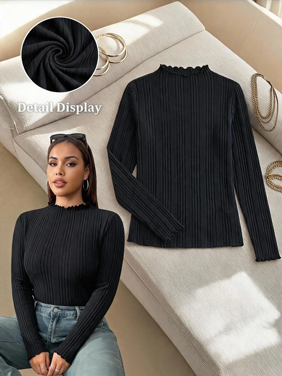 SHEIN EZwear 大码女式黑色立领长袖上衣 - 黑色 - 查看 1