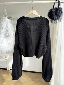 SHEIN EZwear Plus Size Solid Color V-Neck Ribbed Front Button Long Sleeve Pullover Sweater Office Work Black Autumn Soft Form Normal - Black - View 3