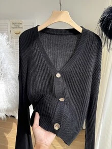 SHEIN EZwear Plus Size Solid Color V-Neck Ribbed Front Button Long Sleeve Pullover Sweater Office Work Black Autumn Soft Form Normal - Black - View 5
