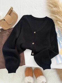 SHEIN EZwear Plus Size Solid Color V-Neck Ribbed Front Button Long Sleeve Pullover Sweater Office Work Black Autumn Soft Form Normal - Black - View 4