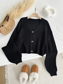 SHEIN EZwear Plus Size Solid Color V-Neck Ribbed Front Button Long Sleeve Pullover Sweater Office Work Black Autumn Soft Form Normal - Black - View 7