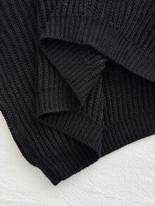 SHEIN EZwear Plus Size Solid Color V-Neck Ribbed Front Button Long Sleeve Pullover Sweater Office Work Black Autumn Soft Form Normal - Black - View 6