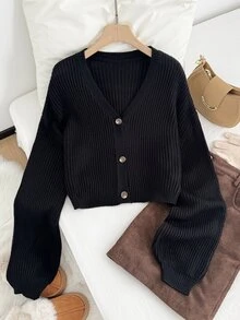 SHEIN EZwear Plus Size Solid Color V-Neck Ribbed Front Button Long Sleeve Pullover Sweater Office Work Black Autumn Soft Form Normal - Black - View 8
