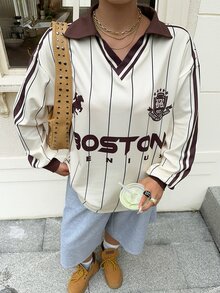 Muchica 女款休閒大尺碼條紋落肩長袖T恤 秋季 - 彩色 - 查看 3