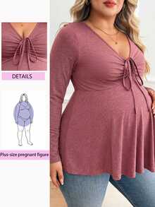 Plussiva Plus Size Maternity Solid Color Versatile Ruched Tie Long Sleeve Top Autumn Work Evening Party Fall Basic Cute Chic Going Out - Dusty Pink - View 4