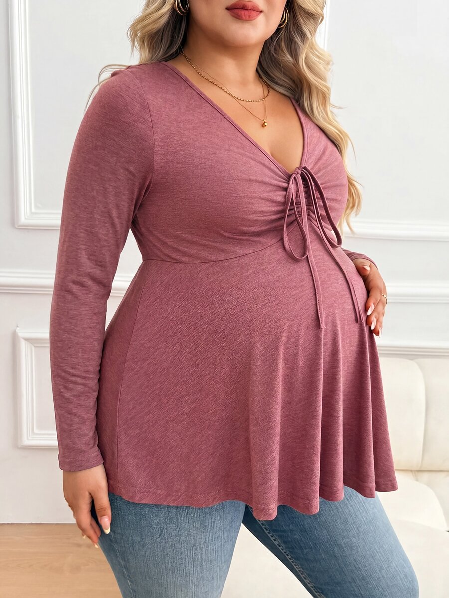 Plussiva Plus Size Maternity Solid Color Versatile Ruched Tie Long Sleeve Top Autumn Work Evening Party Fall Basic Cute Chic Going Out