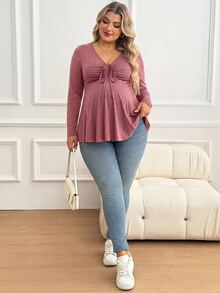 Plussiva Plus Size Maternity Solid Color Versatile Ruched Tie Long Sleeve Top Autumn Work Evening Party Fall Basic Cute Chic Going Out - Dusty Pink - View 8