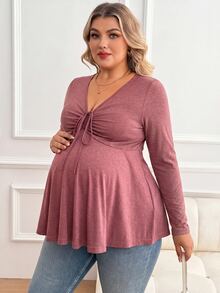 Plussiva Plus Size Maternity Solid Color Versatile Ruched Tie Long Sleeve Top Autumn Work Evening Party Fall Basic Cute Chic Going Out - Dusty Pink - View 7