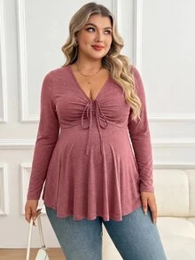 Plussiva Plus Size Maternity Solid Color Versatile Ruched Tie Long Sleeve Top Autumn Work Evening Party Fall Basic Cute Chic Going Out - Dusty Pink - View 6