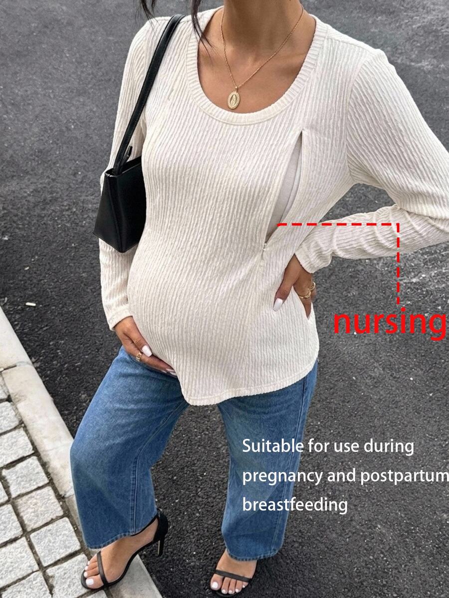 MaterniWear Maternity Casual Versatile Solid Color Nursing Top Nursery Breast Feeding Autumn