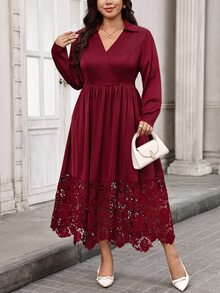 Chikora 大尺碼優雅通勤晚宴禮服蕾絲拼接洋裝,適合婚禮派對正式場合,酒紅色,秋季款 - 紅色 - 查看 2
