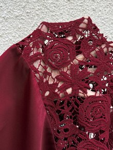 Chikora 大尺碼優雅通勤晚宴禮服蕾絲拼接洋裝,適合婚禮派對正式場合,酒紅色,秋季款 - 紅色 - 查看 5