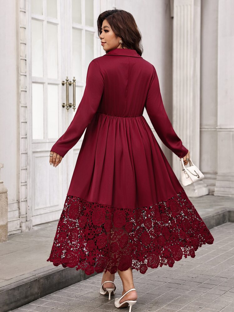 Chikora Plus Size Elegant Commuter Dinner Evening Lace Patchwork Dress Wedding Party Formal Burgundy Autumn Fall - Red - View 2