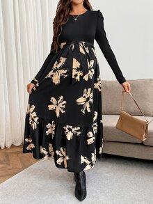 SHEIN 孕婦圓領泡泡長袖花卉印花優雅連身裙 秋季 - 彩色 - 查看 7