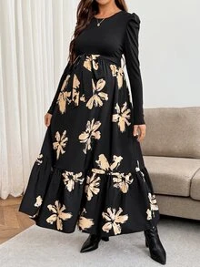 SHEIN 孕婦圓領泡泡長袖花卉印花優雅連身裙 秋季 - 彩色 - 查看 2