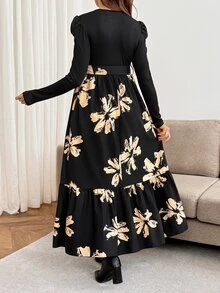 SHEIN 孕婦圓領泡泡長袖花卉印花優雅連身裙 秋季 - 彩色 - 查看 6