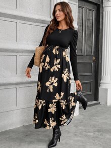 SHEIN 孕婦圓領泡泡長袖花卉印花優雅連身裙 秋季 - 彩色 - 查看 1