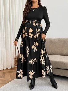 SHEIN 孕婦圓領泡泡長袖花卉印花優雅連身裙 秋季 - 彩色 - 查看 4