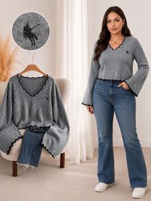 CosyJoli Plus Size Knight Embroidered Curved Hem Pullover Sweater Date Night Formal Gray Autumn Cute Kawaii Elegant Winter - Multicolor - View 3