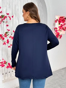 Firerie Kaos Ukuran Besar Elegan Kasual untuk Liburan Santai, Potongan Longgar, Lengan Panjang, Leher Bulat, Warna Polos, Model Dasar untuk Berlapis, Potongan Payung di Bagian Bawah, Cocok untuk Musim Semi dan Gugur. - Navy Blue - View 3