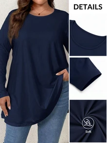 Firerie Kaos Ukuran Besar Elegan Kasual untuk Liburan Santai, Potongan Longgar, Lengan Panjang, Leher Bulat, Warna Polos, Model Dasar untuk Berlapis, Potongan Payung di Bagian Bawah, Cocok untuk Musim Semi dan Gugur. - Navy Blue - View 2