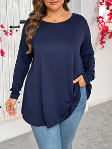 Firerie Kaos Ukuran Besar Elegan Kasual untuk Liburan Santai, Potongan Longgar, Lengan Panjang, Leher Bulat, Warna Polos, Model Dasar untuk Berlapis, Potongan Payung di Bagian Bawah, Cocok untuk Musim Semi dan Gugur. - Navy Blue - View 7