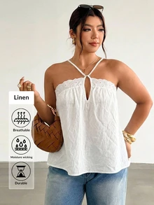 Firerie Elegant Vacation Style Embroidered Lace Trim White Plus Size Camisole Top / Bohemian Casual Vacation - White - View 5