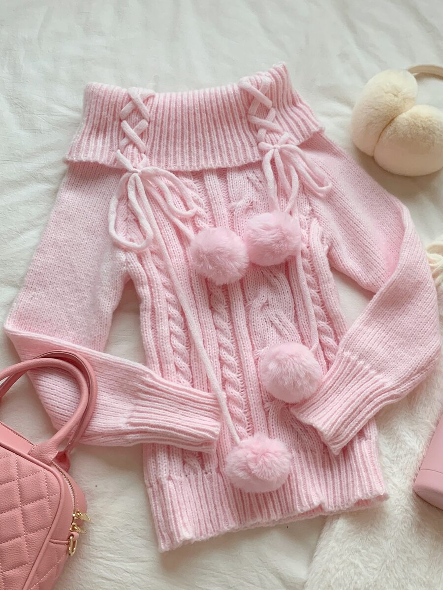 Comfortcana Women's Casual Light Pink Off-Shoulder Cross-Strap Sweater, Autumn And Winter Outerwear, Winter - Baby Pink - View 1