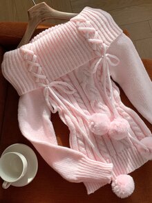 Comfortcana Women's Casual Light Pink Off-Shoulder Cross-Strap Sweater, Autumn And Winter Outerwear, Winter - Baby Pink - View 5