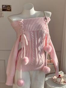 Comfortcana Women's Casual Light Pink Off-Shoulder Cross-Strap Sweater, Autumn And Winter Outerwear, Winter - Baby Pink - View 4
