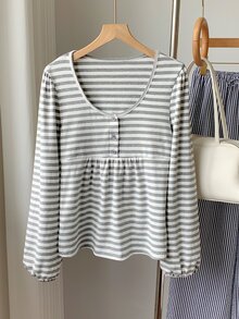 Comfortcana 女款極簡條紋鈕扣半開襟長袖T恤 基本上衣 工作上衣 女款襯衫 Y2K上衣 - 彩色 - 查看 5